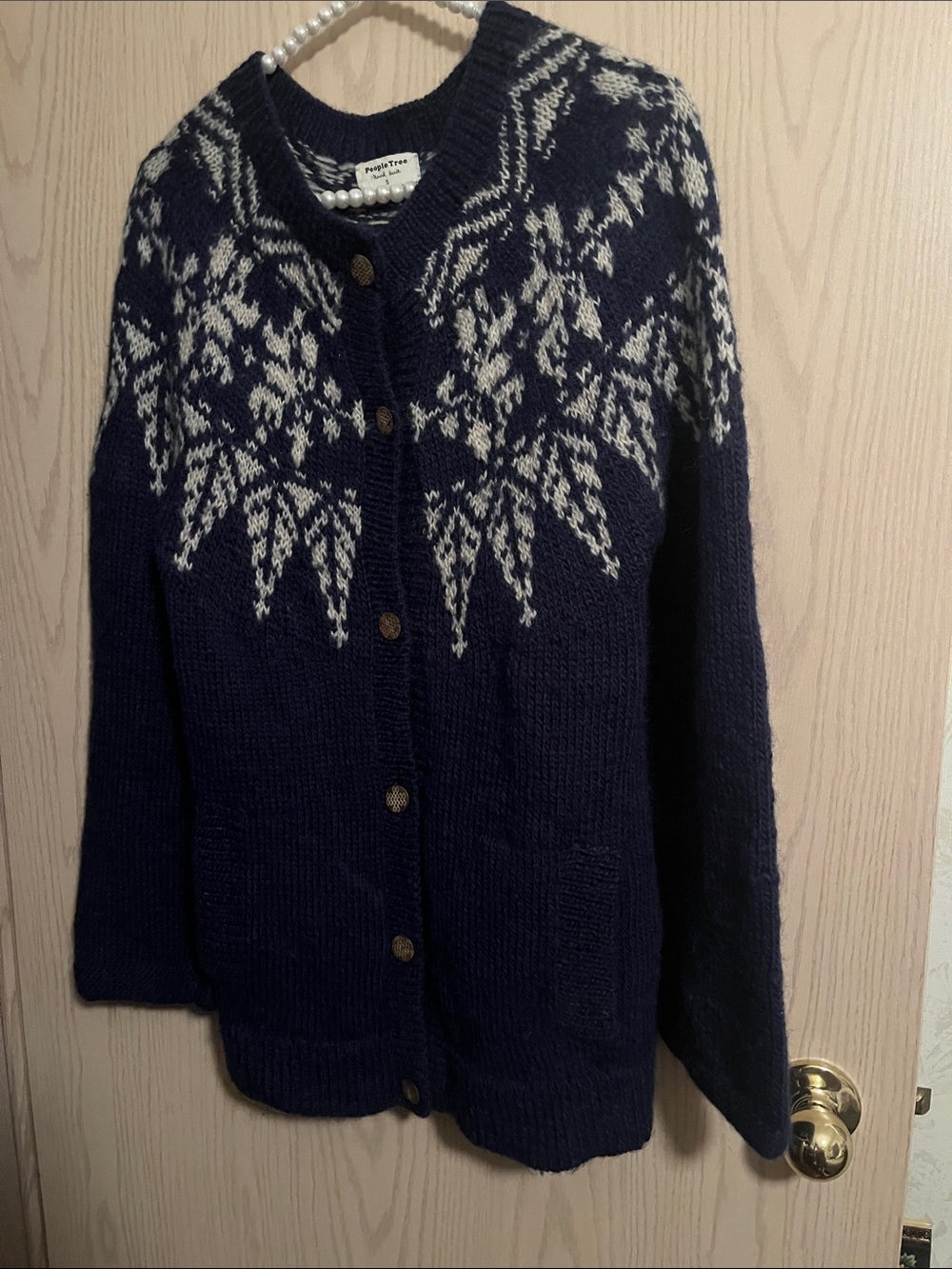 People Tree Navy and Cream Nordic Knit Cardigan